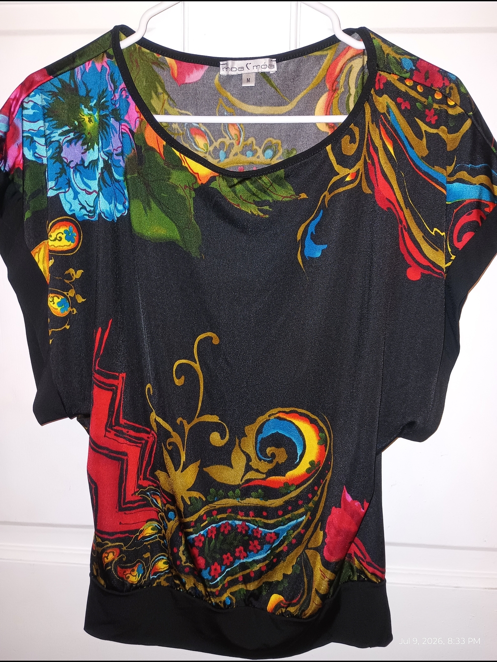 Moa Moa Black Multicolor Floral Paisley Scoop Neck Blouse